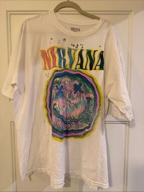 NIRVANA White Short-Sleeve Tee with Neon Smiley Graphic